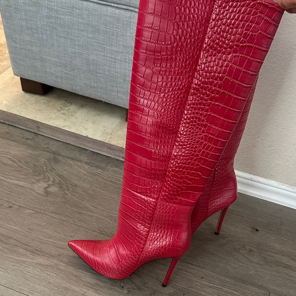 Paris Texas Red Croc-Embossed Knee High Boots